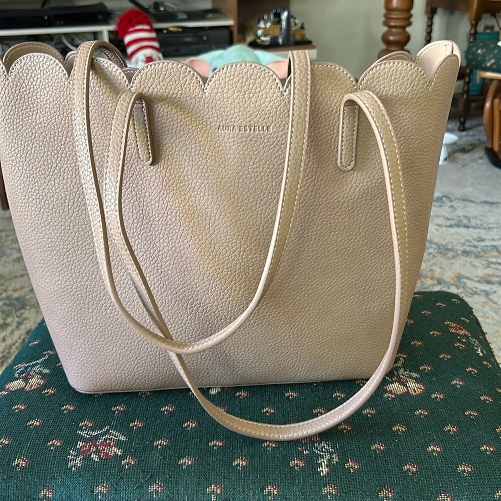 Aura Estelle scalloped Cloud tote 12 x 12 light brown tote with dust bag